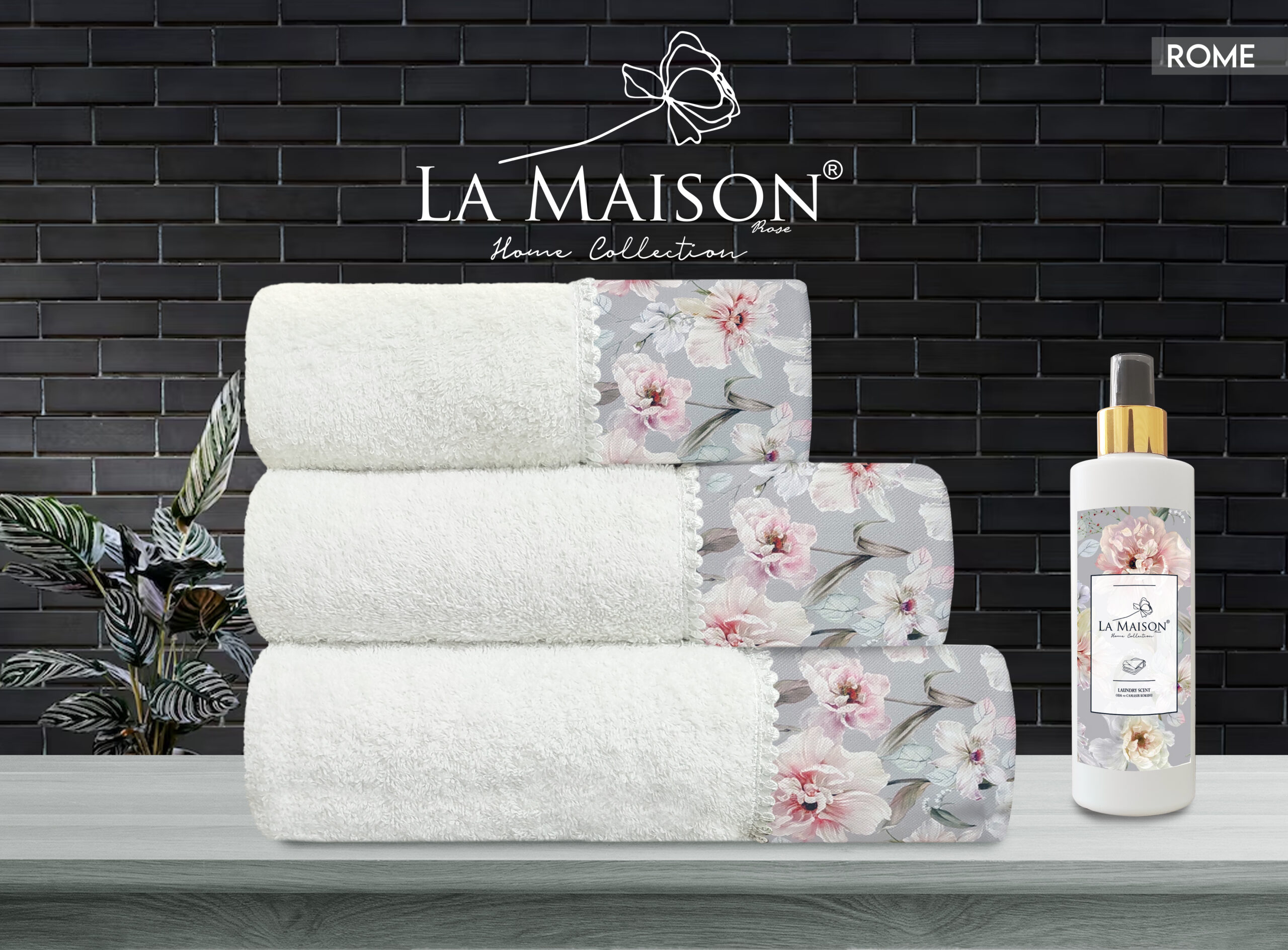 Product backdrop, empty marble table top with blue wall and plant shadow Подарунковий набір рушників La Maison Rome з ароматом