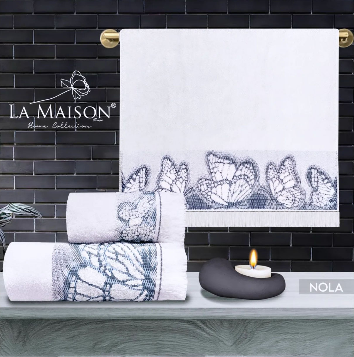 Nola-Ekru-2 Подарунковий набір рушників La Maison Nola Ekru зі свічкою