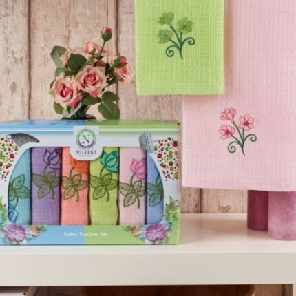 Набір вафельних кухонних рушників Nilteks Ucuz Flowers 40x60 см 6шт купити.