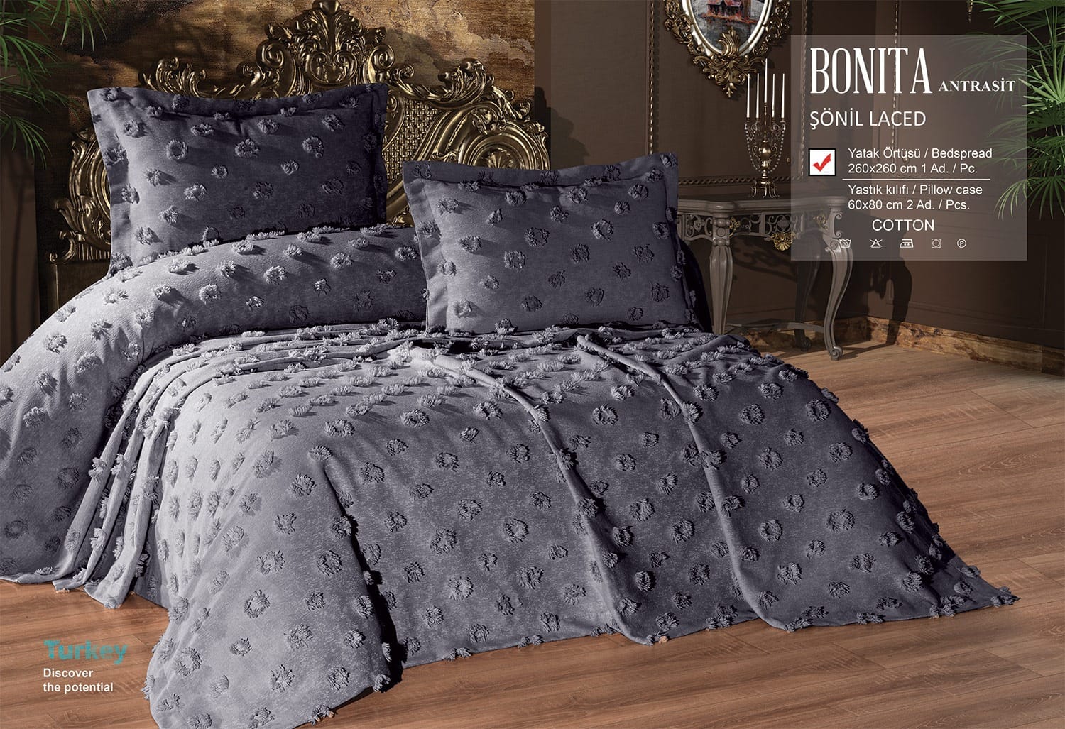 Купити Покривало жакардове з наволочками KC Home Bonita 260x260 см Antrasit Покривало жакардове з наволочками KC Home Bonita 260x260 см Antrasit