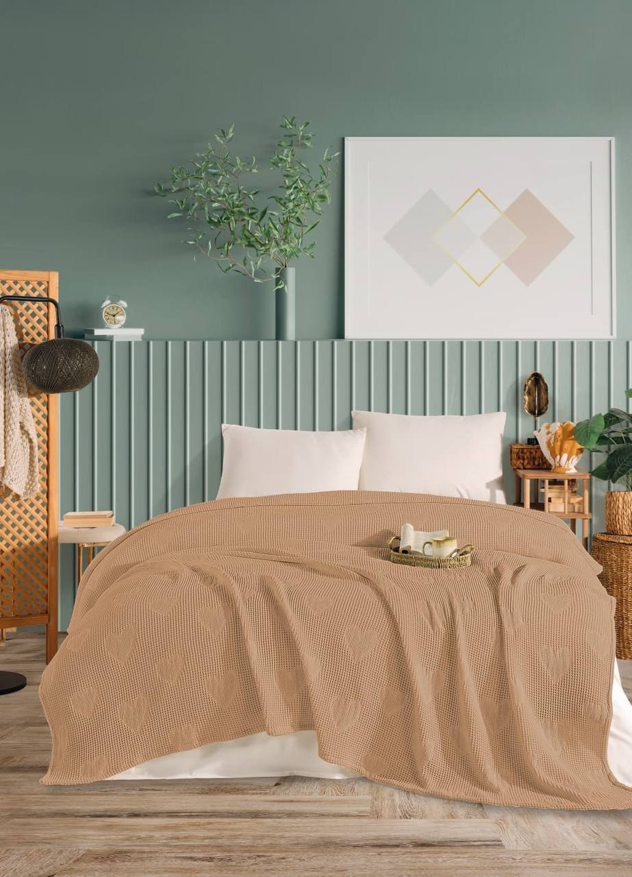 Літнє вафельне покривало піке NILhome Perla heart 220x240 см бежевий купити. Літнє вафельне покривало піке NILhome Perla heart 220x240 см бежевий
