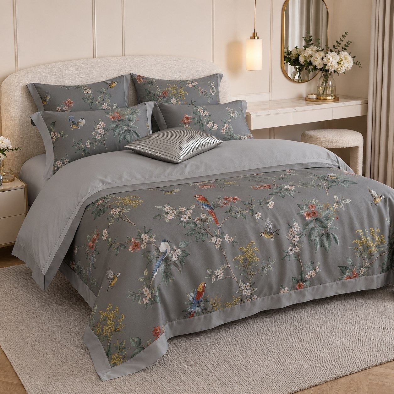Постільна білизна з єгипетської бавовни з літньою ковдрою Summer Paradise Birds Grey Постільна білизна з єгипетської бавовни з літньою ковдрою Summer Paradise Birds Grey