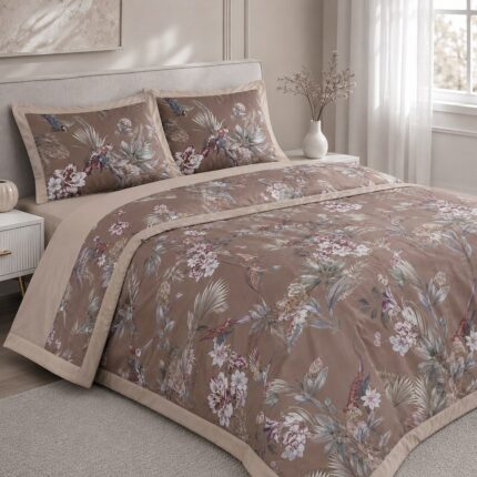 Постільна білизна з єгипетської бавовни з літньою ковдрою Summer Paradise Birds Brown